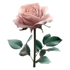 A single, light pink rose with teal leaves against Isolated, transparent, background, PNG