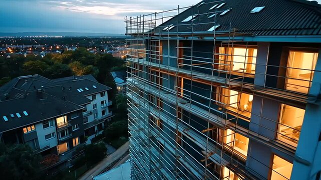 A drone shot of a housing project at sunrise, capturing the first light illuminating newly constructed rooftops and scaffolding.