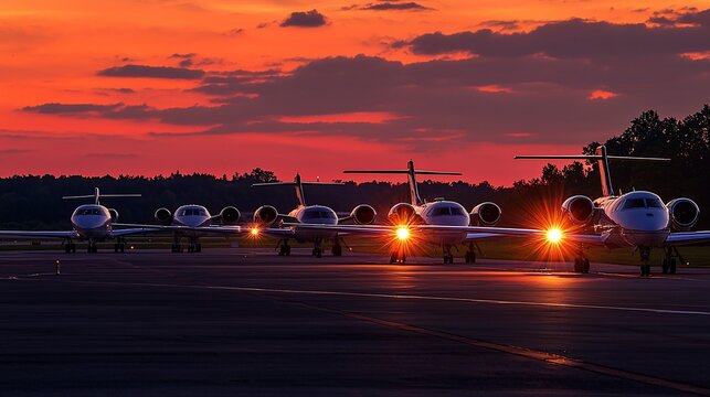 Private jets lined up on tarmac at sunset.