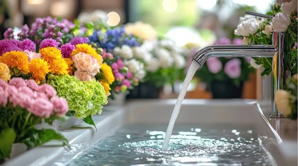 Close up of water that flows from the tap into a large white sink, in flower shop, the sink is surrounded by an array of vibrant pastel-colored flowers. modern wall adorned with flowers.