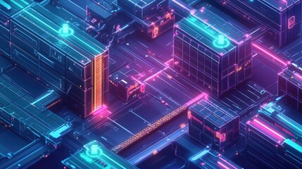 Fototapeta premium Neon city, futuristic architecture, glowing lines, digital background, tech concept