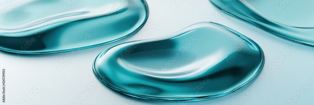Poster liquid droplets on a smooth surface reflecting light in a serene turquoise hue. generative ai