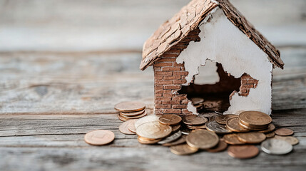 Weathered Model House with Scattered Coins on Rustic Wood Surface