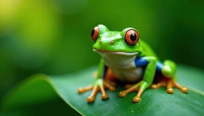 Obraz premium Green frog on a leaf with big smile, green frog, silly, cartoon frog