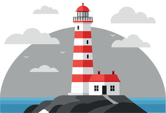 Bright red and white striped lighthouse standing on rocky shoreline