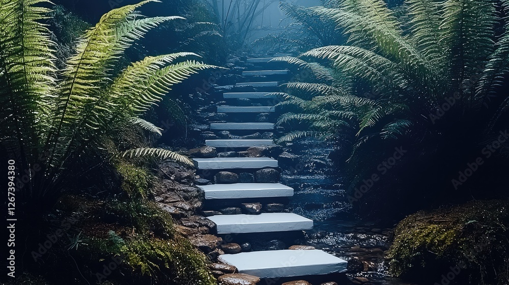 Poster A staircase with a native stream running with forest and ferns.
