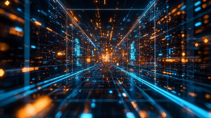 Futuristic Data Stream Corridor Abstract Digital Tunnel with Glowing Blue and Orange Lines