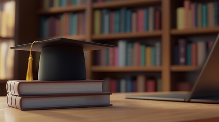 Graduation cap and books on desk. Laptop learning to read online on graduation. A 3d rendering of a 3d copy space. A desk with a graduation cap lifestyle and some books.