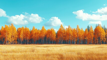 Fototapeta premium Golden autumn forest with meadow under blue sky
