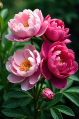 Fototapeta premium Group of lush peony flowers in vibrant colors with delicate petals and green foliage surrounding them , blooms, garden decor
