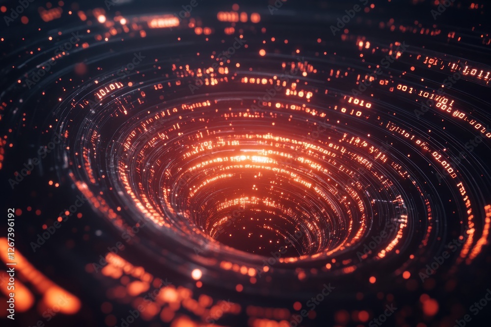 Poster abstract visualization of a swirling vortex composed of glowing particles and binary code, suggestin
