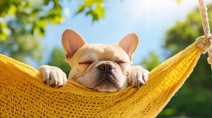 A French Bulldog napping in a hammock, high fidelity image.