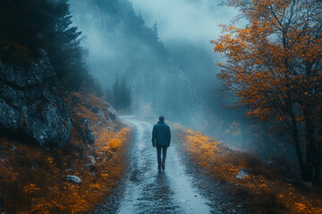 Solitary Journey, A man walking through a foggy autumn landscape