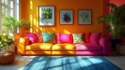 A colorful living room with a couch and a potted plant