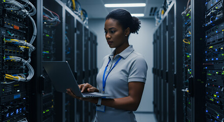 Server Room Engineer: Data Center Tech Analyzing Network with Laptop. IT Professional Working in Cloud Computing Infrastructure