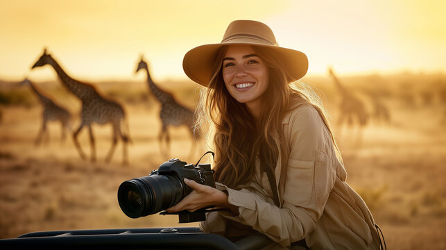 Caucasian woman holding camera on african safari with wildlife in the background. Animal photographer. - Powered by Adobe