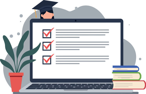 Laptop displaying checklist with books and plant in study environment