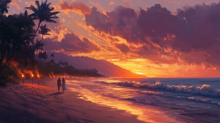 A serene beach scene at sunset, with two figures strolling along the shore, palm trees, and vibrant colors illuminating the sky.