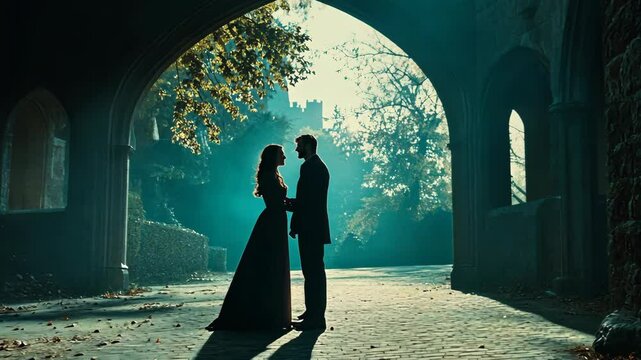 Couple embraces under stone archway in a serene, mystical setting at dusk