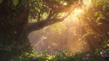 A calming sunlight in forest, creating a dreamy atmosphere with light filtering through leaves,