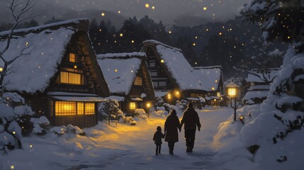 A serene winter scene featuring a family walking past cozy, illuminated cottages amidst falling snowflakes in a picturesque village.