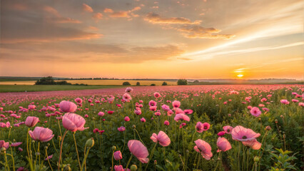 Fototapeta premium Field with flowering poppies at sunset