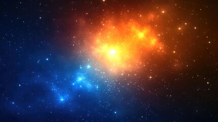 A vibrant cosmic scene showcasing a nebula with swirling colors of orange and blue, set against a backdrop of twinkling stars