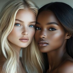Fototapeta premium Two natural beautiful women, one blonde, one brunette and dark-skinned, no makeup and radiant beautiful skin, with hair pulled back, studio lighting, on white seamless background.