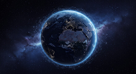 Obraz premium Earth Connected: Global Network, Space View, Tech Planet, Digital World, Night Lights, Futuristic Connection, Worldwide Web, Innovation, Globe