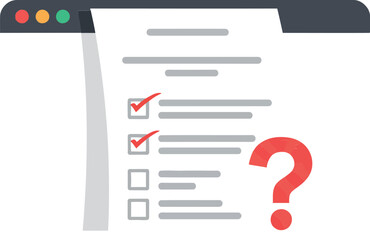 Checklist with marked items and a question mark for uncertainty