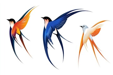 Obraz premium Three cartoon swallows soar in vivid hues against a bright backdrop, embodying the spirit of spring with their elegant flight and lively energy