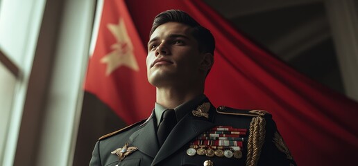 Officer gazing, red flag backdrop, indoors, patriotic image
