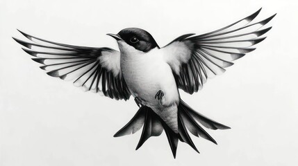 Obraz premium A swallow bird with elegant wings extended flies through a clear sky, showcasing its graceful form and splendid feathers, symbolizing freedom and movement in spring