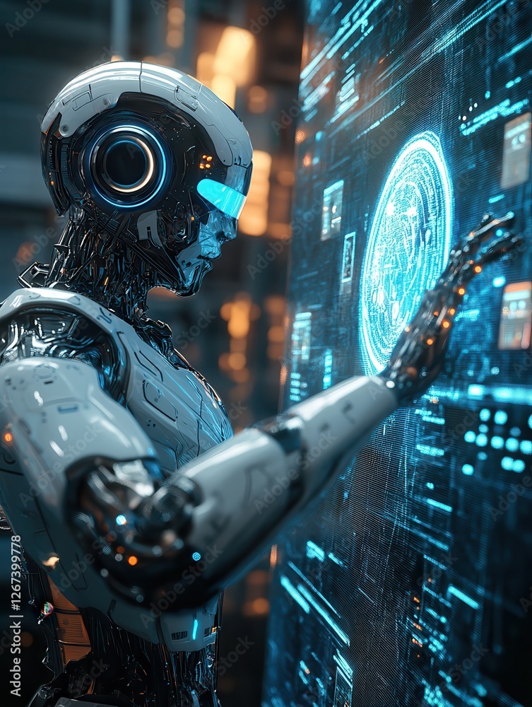Poster design of a smart humanoid robot with artificial intelligence touching a hologram digital interface 
