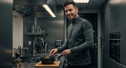 Home chef smiling and cooking in a modern kitchen