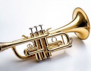 Obraz premium a gleaming golden trumpet isolated on a white background showcasing its intricate details and musical elegance