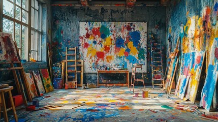 Messy artist's studio with colorful paintings and splatters.