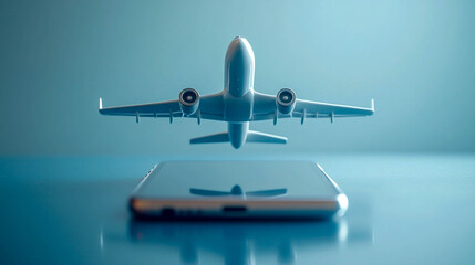 A white toy airplane that "lands" on a white smartphone on a blue background. Online booking of flights or using mobile apps for travel planning.