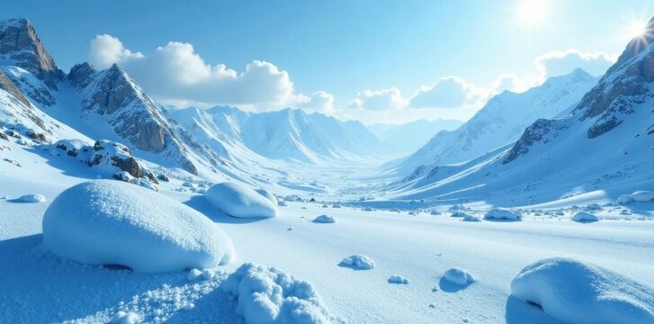 Icy blue hues dominate a serene snowy landscape, peaceful, snowy, landscape