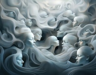 Obraz premium visual narratives of dissociative identity disorder captured in a multitude of faces within a swirling mist