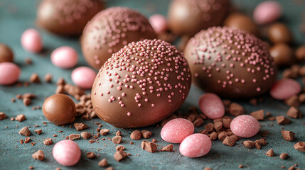 Obraz premium Chocolate Easter eggs and pink candies on a blue background. Chocolate eggs are decorated with pink sprinkles. Pieces of chocolate are scattered on the table.