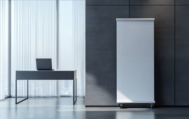 Bright and spacious minimalist office with modern desk, laptop, and roll-up banner in contemporary workspace with natural light