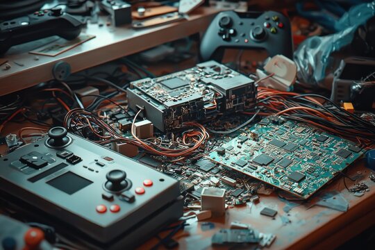 An intricate view of scattered electronics and gaming hardware components including circuit boards, controllers, and various wires, creating a technical scene, ideal for technology enthusiasts.