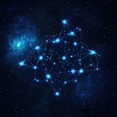 Fototapeta premium A digital representation of a star network in a cosmic setting, featuring glowing nodes connected by lines against a dark space background.