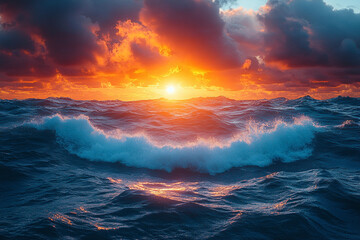 Fototapeta premium Majestic seascape at fiery sunset, luminous waves meet the horizon