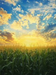 Sunset over corn field with blue sky and clouds, agricultural landscape, background