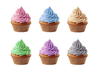 a PNG image of a set of delicious cupcakes with a colorful cream on top