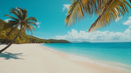 Obraz premium Serene Tropical Beach Paradise Idyllic White Sand Azure Ocean Stunning Palm Trees Lush Greenery Exotic Vacation Summer Holiday Relaxation Coastal 