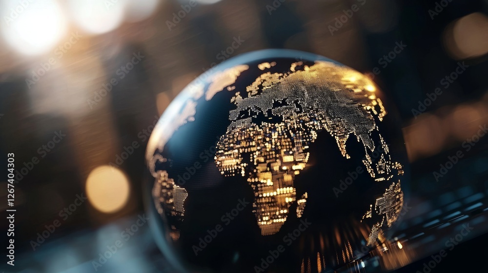Poster the earth is digitally depicted in a futuristic financial environment at night, surrounded by an arr