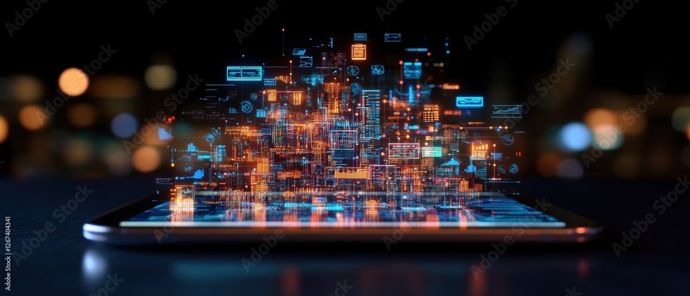 Poster tablet displaying city map with professionals analyzing complex data analytics in modern office sett
